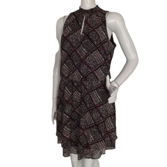 WHBM Dress, M, Smocked Neck/Keyhole, Sleeveless, Black/Purple-White Geometric - Picture 3 of 14